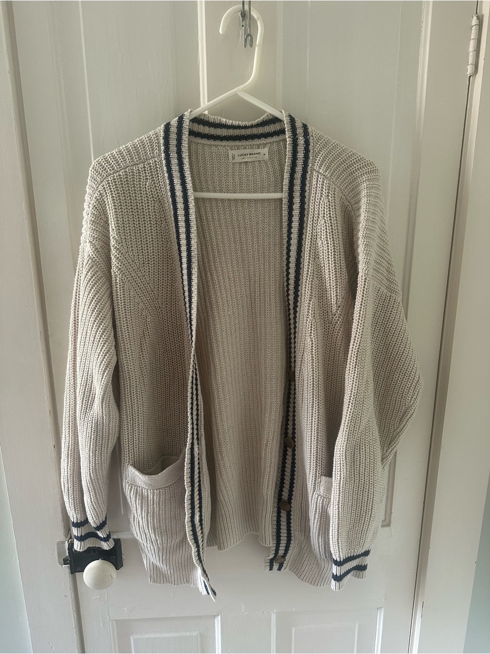 Lucky Brand Cream Cardigan with Navy Trim